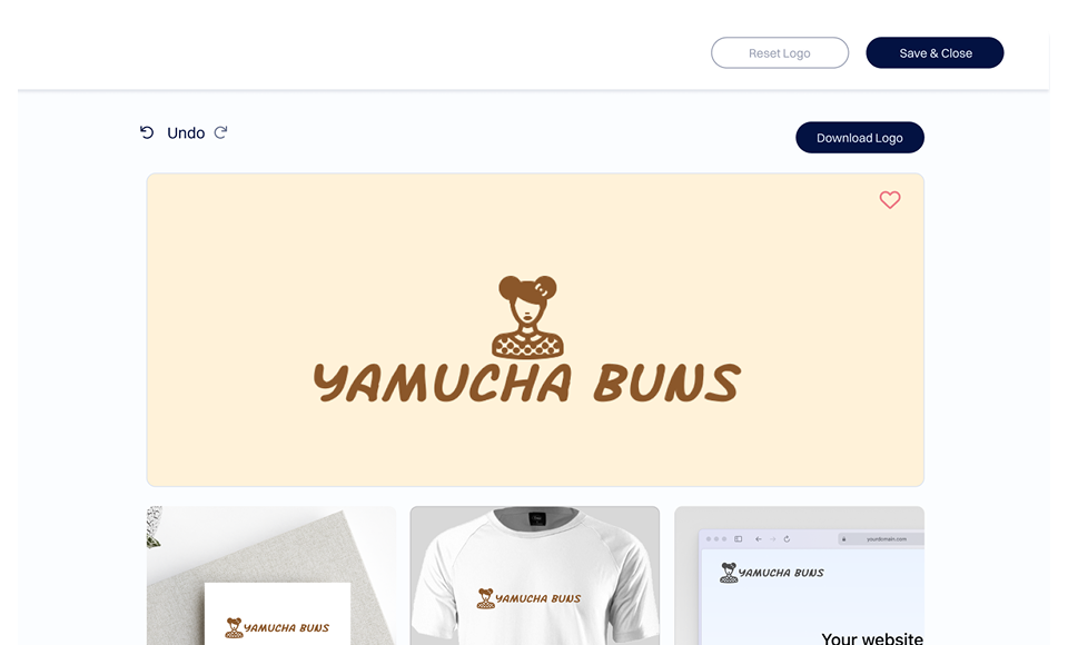 Captura de tela da pré-visualização do construtor de logotipos Dynadot mostrando um design de logotipo concluído com o texto “YAMUCHA BUNS” e um ícone de personagem estilizado em um fundo claro, juntamente com controles de interface para desfazer alterações, baixar o logotipo, salvar ou redefinir o design, e maquetes exibindo como o logotipo aparece em mercadorias e em um site.