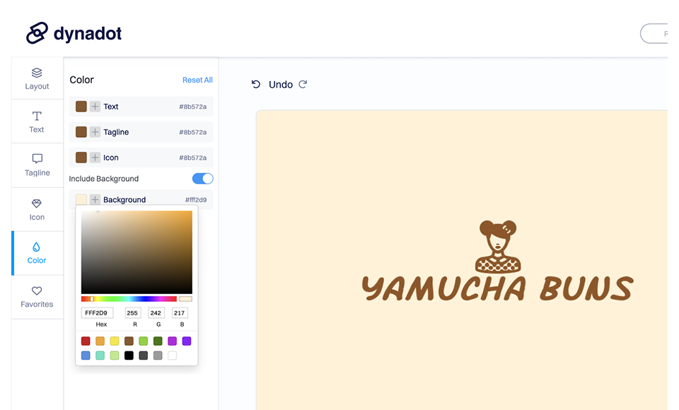 Captura de tela do editor do construtor de logotipos da Dynadot mostrando opções de personalização de cores à esquerda, incluindo seletores de cor para texto, slogan, ícone e fundo, com uma prévia do logotipo à direita exibindo o nome da marca “YAMUCHA BUNS” e um ícone de personagem estilizado em um fundo claro.