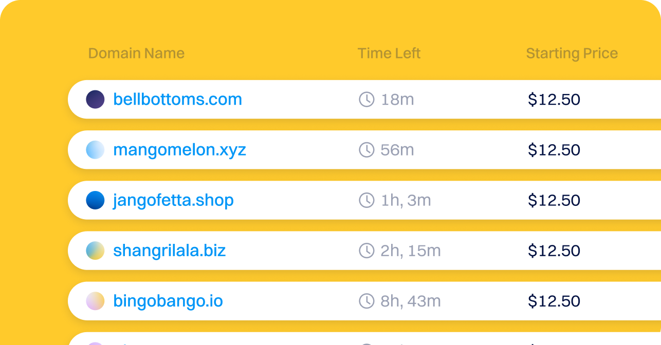 domain closeout auction listings displaying their domain name, time left, and starting price